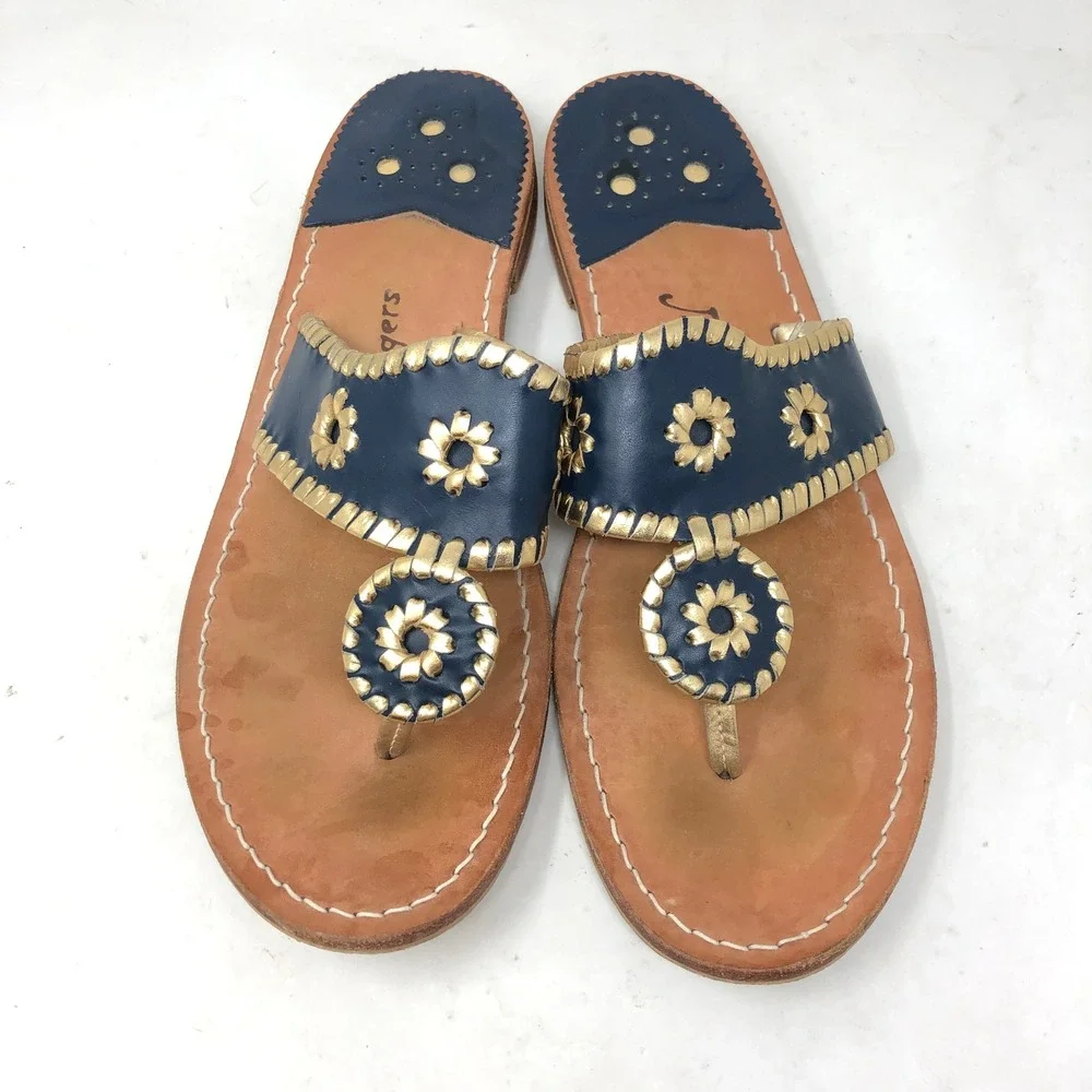 Jack Rogers Womens 10 Navajo Flat Sandals Navy Gold Whipstitch Leather Thong